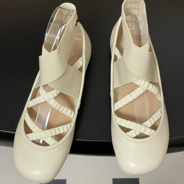 DIOR STRETCH BALLET FLATS 25S IN CREAM WHITE LAMBSKIN WITH CROSSED STRAPS
