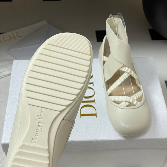 DIOR STRETCH BALLET FLATS 25S IN CREAM WHITE LAMBSKIN WITH CROSSED STRAPS