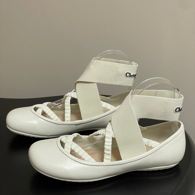 DIOR STRETCH BALLET FLATS 25S IN CREAM WHITE LAMBSKIN WITH CROSSED STRAPS