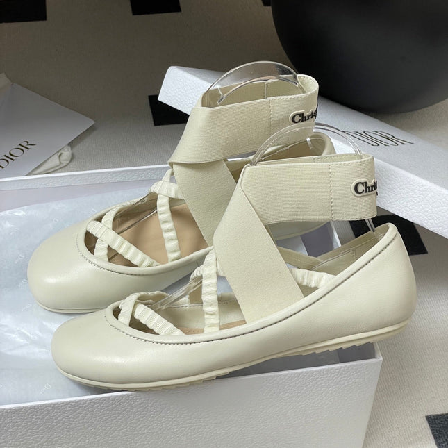 DIOR STRETCH BALLET FLATS 25S IN CREAM WHITE LAMBSKIN WITH CROSSED STRAPS
