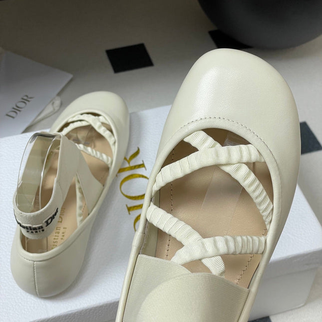 DIOR STRETCH BALLET FLATS 25S IN CREAM WHITE LAMBSKIN WITH CROSSED STRAPS