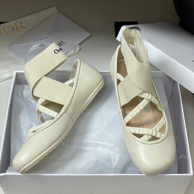 DIOR STRETCH BALLET FLATS 25S IN CREAM WHITE LAMBSKIN WITH CROSSED STRAPS