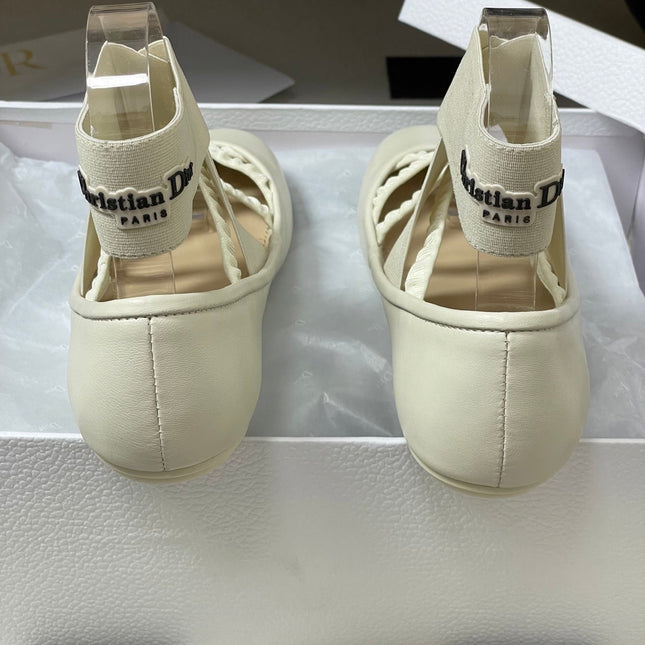 DIOR STRETCH BALLET FLATS 25S IN CREAM WHITE LAMBSKIN WITH CROSSED STRAPS
