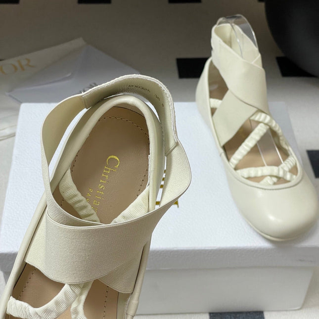 DIOR STRETCH BALLET FLATS 25S IN CREAM WHITE LAMBSKIN WITH CROSSED STRAPS
