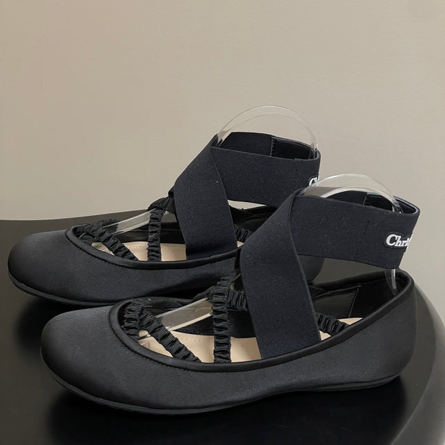 DIOR STRETCH BALLET FLATS 25S IN BLACK FABRIC WITH CROSSED STRAPS