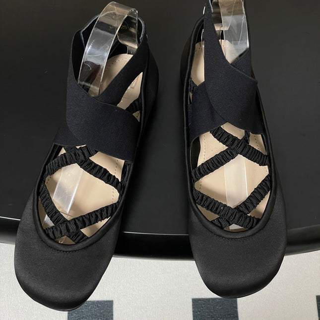 DIOR STRETCH BALLET FLATS 25S IN BLACK FABRIC WITH CROSSED STRAPS