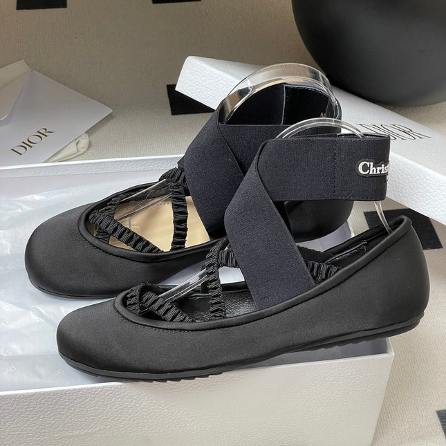 DIOR STRETCH BALLET FLATS 25S IN BLACK FABRIC WITH CROSSED STRAPS