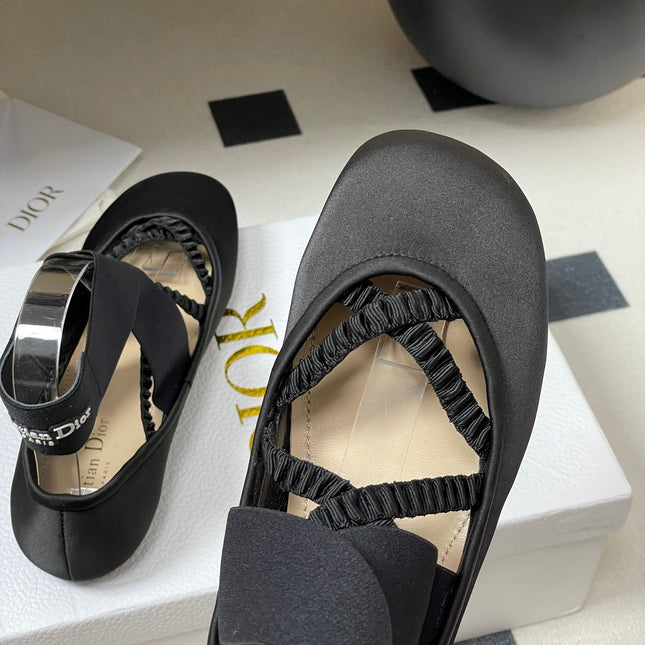 DIOR STRETCH BALLET FLATS 25S IN BLACK FABRIC WITH CROSSED STRAPS