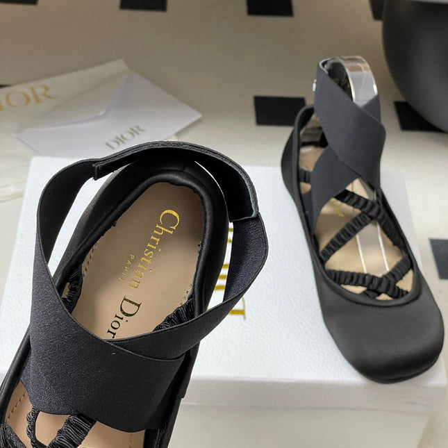 DIOR STRETCH BALLET FLATS 25S IN BLACK FABRIC WITH CROSSED STRAPS