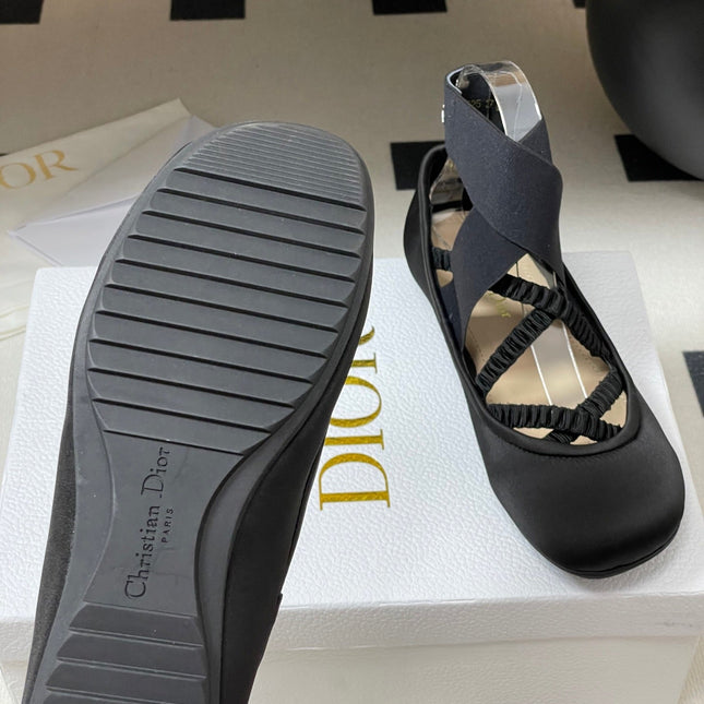 DIOR STRETCH BALLET FLATS 25S IN BLACK FABRIC WITH CROSSED STRAPS