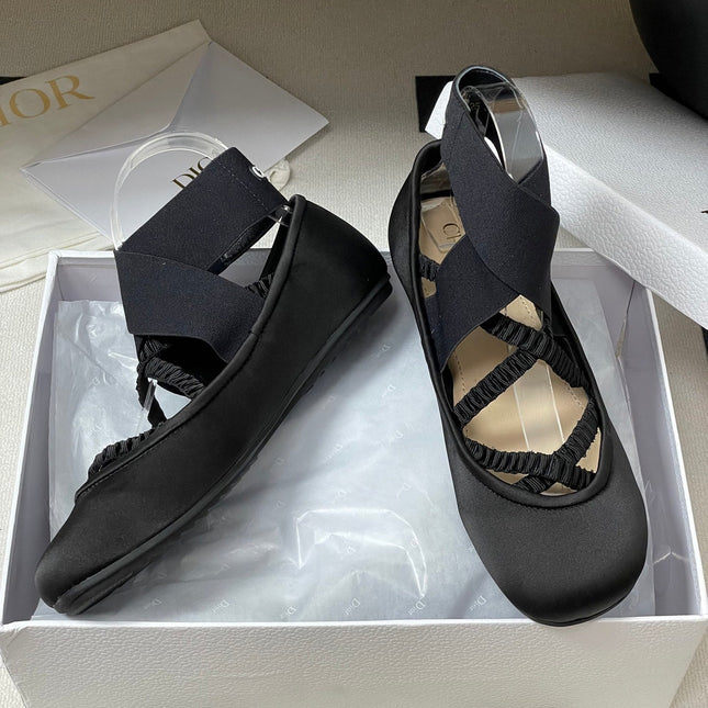 DIOR STRETCH BALLET FLATS 25S IN BLACK FABRIC WITH CROSSED STRAPS