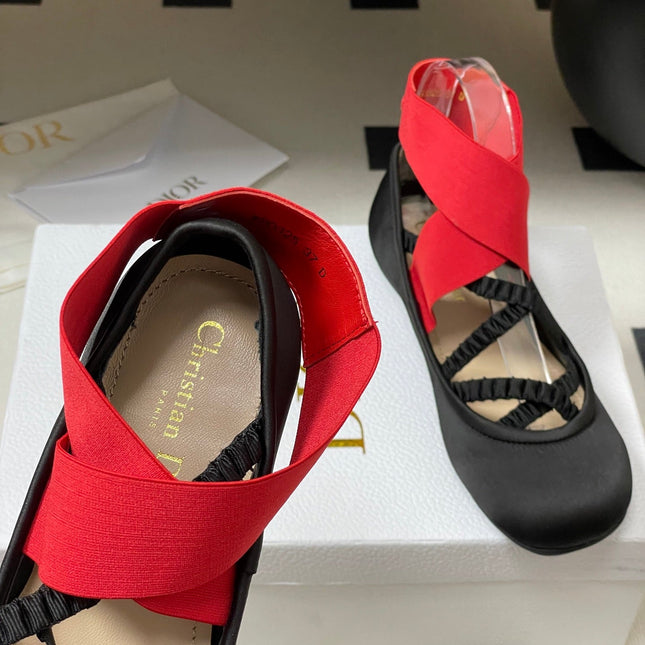 DIOR STRETCH BALLET FLATS 25S IN BLACK MIX RED FABRIC WITH CROSSED STRAPS