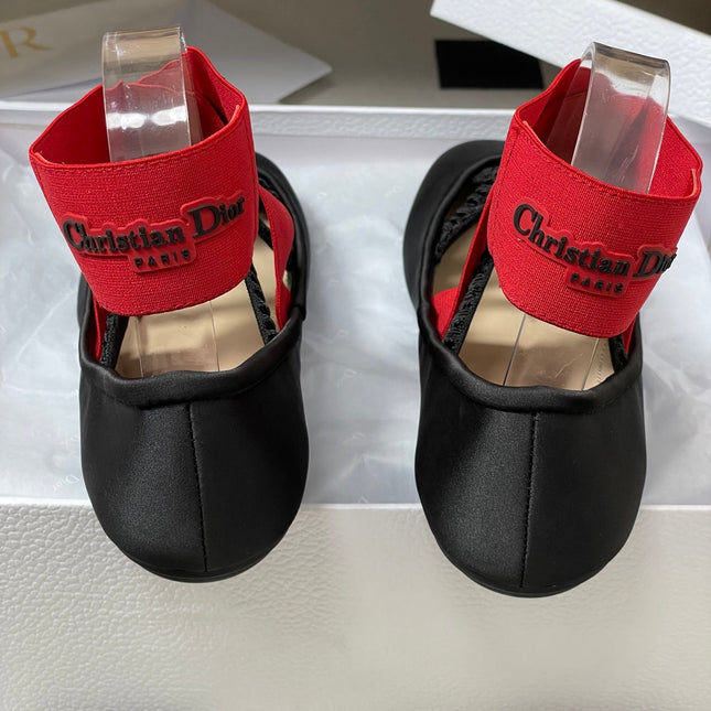 DIOR STRETCH BALLET FLATS 25S IN BLACK MIX RED FABRIC WITH CROSSED STRAPS