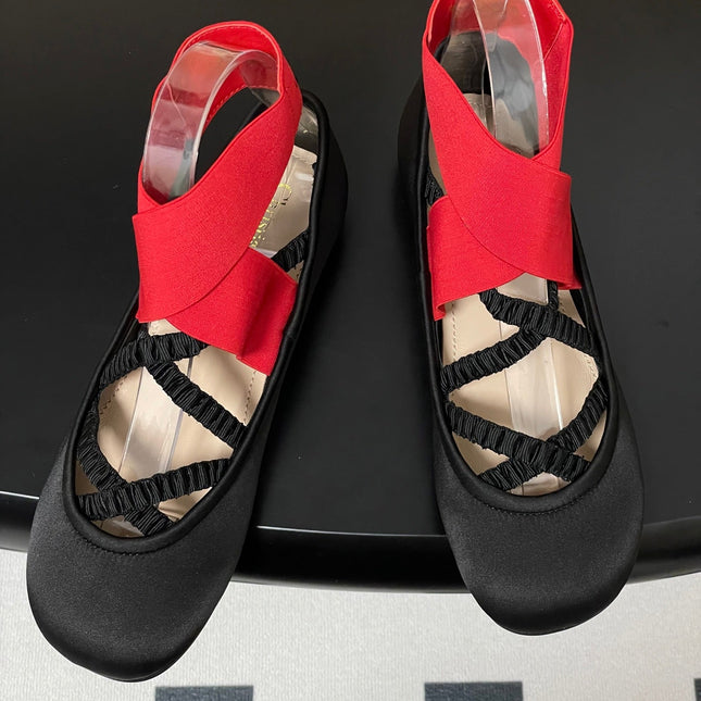 DIOR STRETCH BALLET FLATS 25S IN BLACK MIX RED FABRIC WITH CROSSED STRAPS