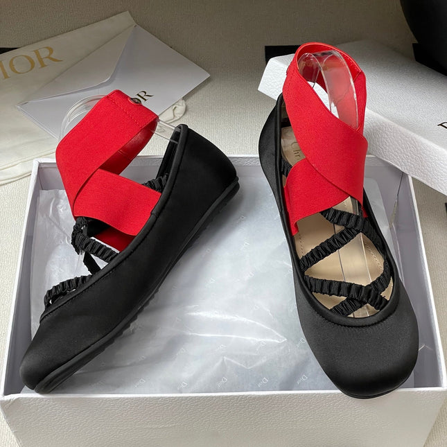 DIOR STRETCH BALLET FLATS 25S IN BLACK MIX RED FABRIC WITH CROSSED STRAPS