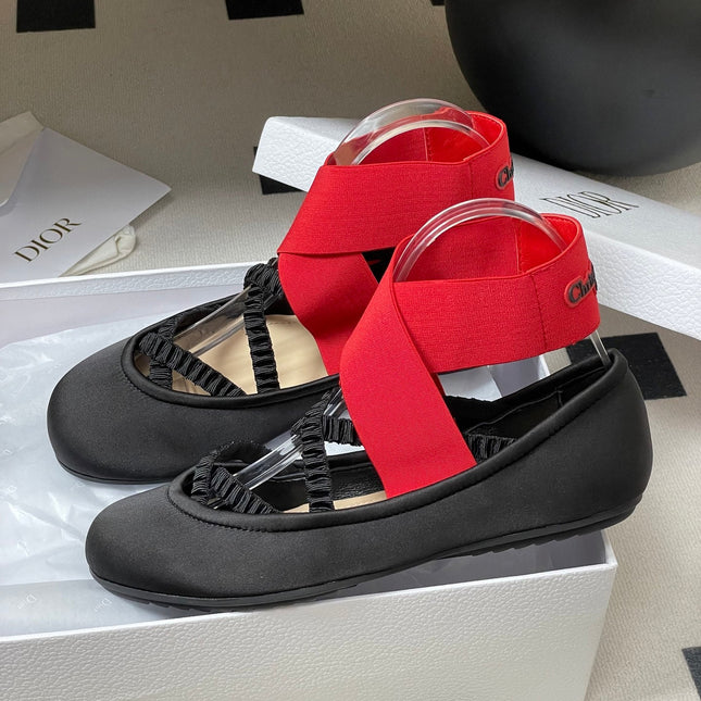 DIOR STRETCH BALLET FLATS 25S IN BLACK MIX RED FABRIC WITH CROSSED STRAPS