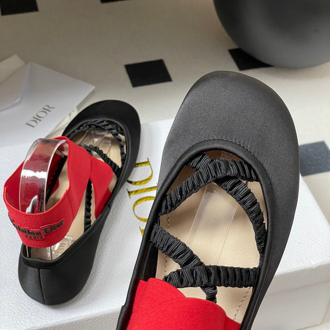 DIOR STRETCH BALLET FLATS 25S IN BLACK MIX RED FABRIC WITH CROSSED STRAPS