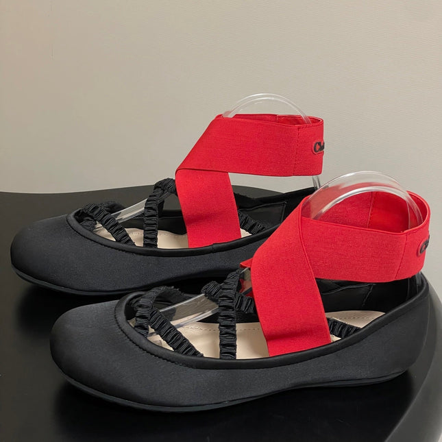 DIOR STRETCH BALLET FLATS 25S IN BLACK MIX RED FABRIC WITH CROSSED STRAPS