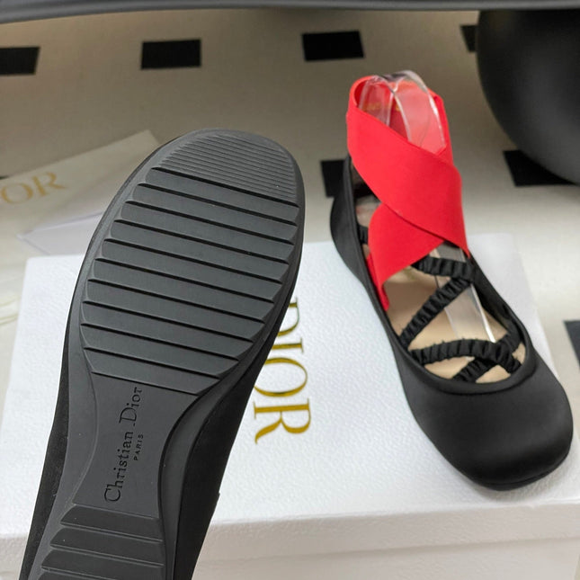 DIOR STRETCH BALLET FLATS 25S IN BLACK MIX RED FABRIC WITH CROSSED STRAPS