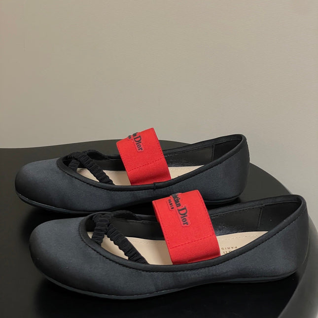 DIOR STRETCH BALLET FLATS 25S IN BLACK MIX RED FABRIC