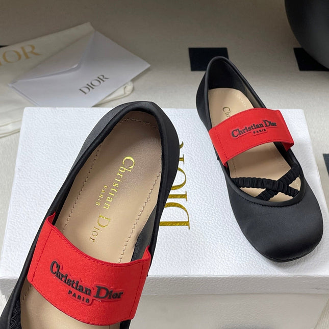 DIOR STRETCH BALLET FLATS 25S IN BLACK MIX RED FABRIC