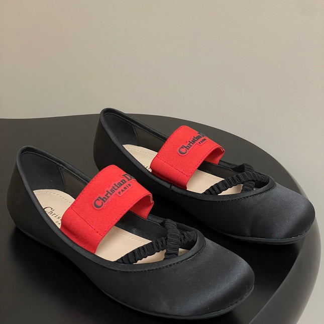 DIOR STRETCH BALLET FLATS 25S IN BLACK MIX RED FABRIC
