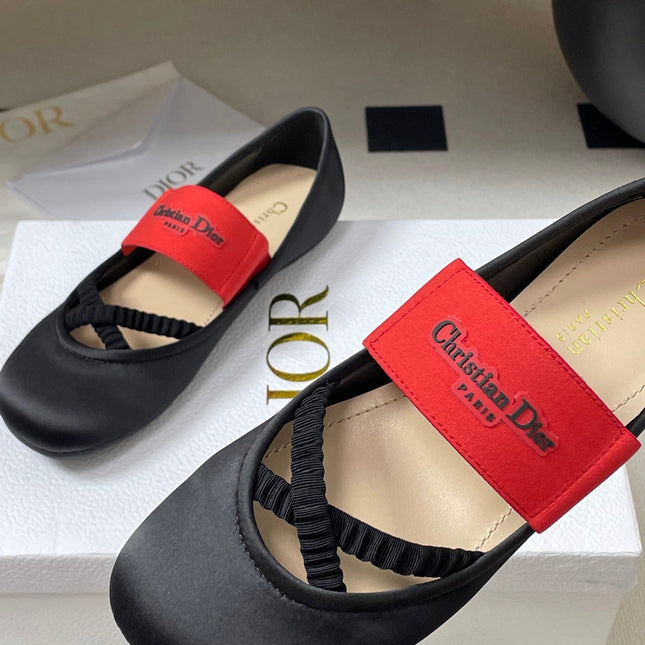 DIOR STRETCH BALLET FLATS 25S IN BLACK MIX RED FABRIC