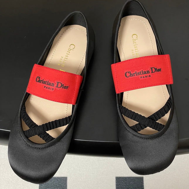 DIOR STRETCH BALLET FLATS 25S IN BLACK MIX RED FABRIC