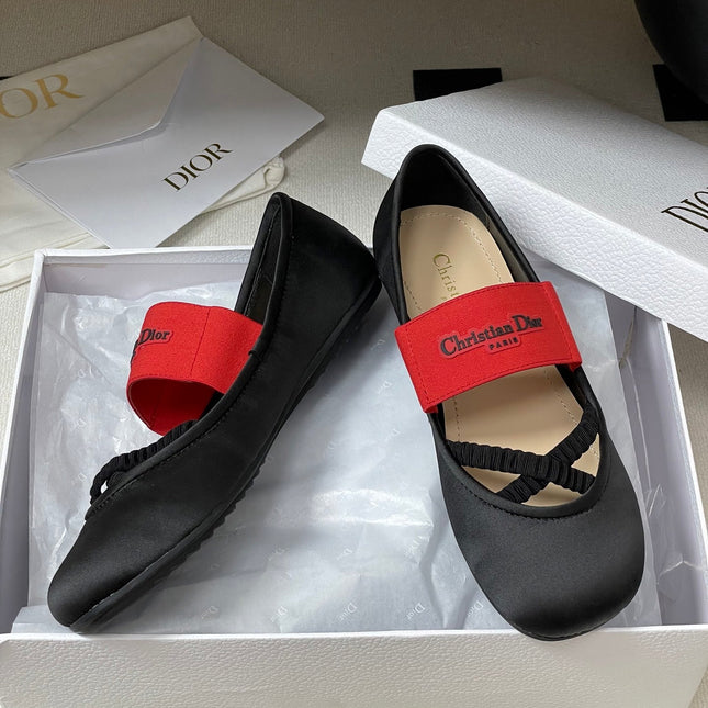 DIOR STRETCH BALLET FLATS 25S IN BLACK MIX RED FABRIC