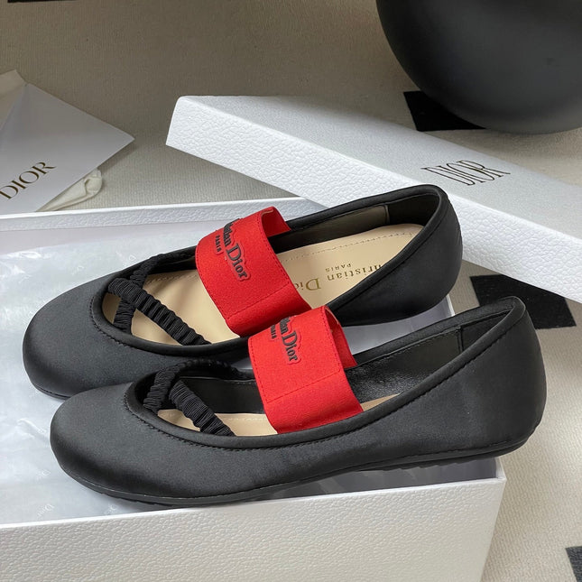 DIOR STRETCH BALLET FLATS 25S IN BLACK MIX RED FABRIC