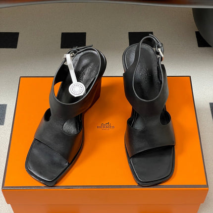 HM 25S KALYA WEDGE SANDAL 100 MM IN BLACK LAMBSKIN