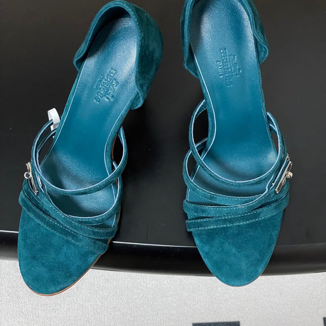 HM 25S HIGH-HEEL SANDAL 105 MM IN DARK BLUE SUEDE