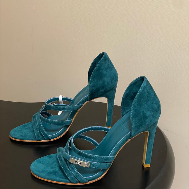 HM 25S HIGH-HEEL SANDAL 105 MM IN DARK BLUE SUEDE
