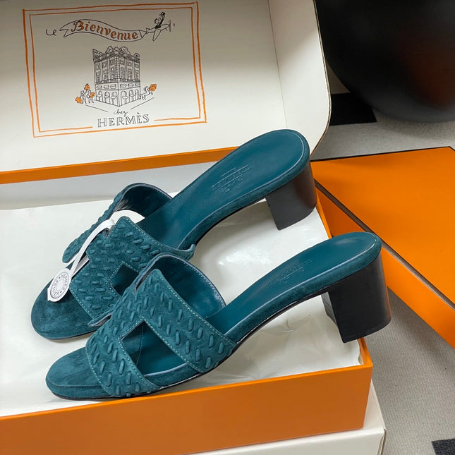 HM 25S ORAN HIGH‑HEEL SANDAL IN DARK BLUE SUEDE AND LAMBSKIN