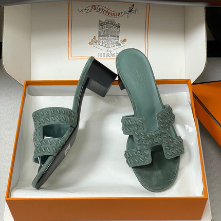 HM 25S ORAN HIGH‑HEEL SANDAL IN MUTED MINT GREEN SUEDE AND LAMBSKIN