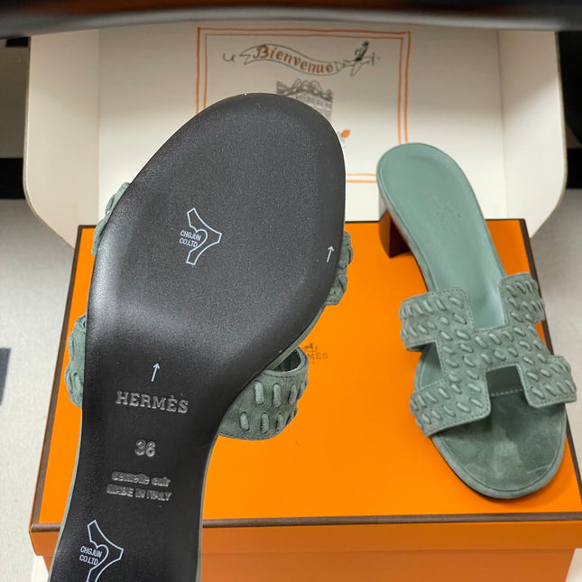 HM 25S ORAN HIGH‑HEEL SANDAL IN MUTED MINT GREEN SUEDE AND LAMBSKIN