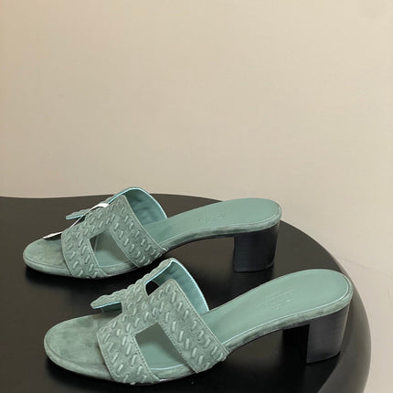 HM 25S ORAN HIGH‑HEEL SANDAL IN MUTED MINT GREEN SUEDE AND LAMBSKIN