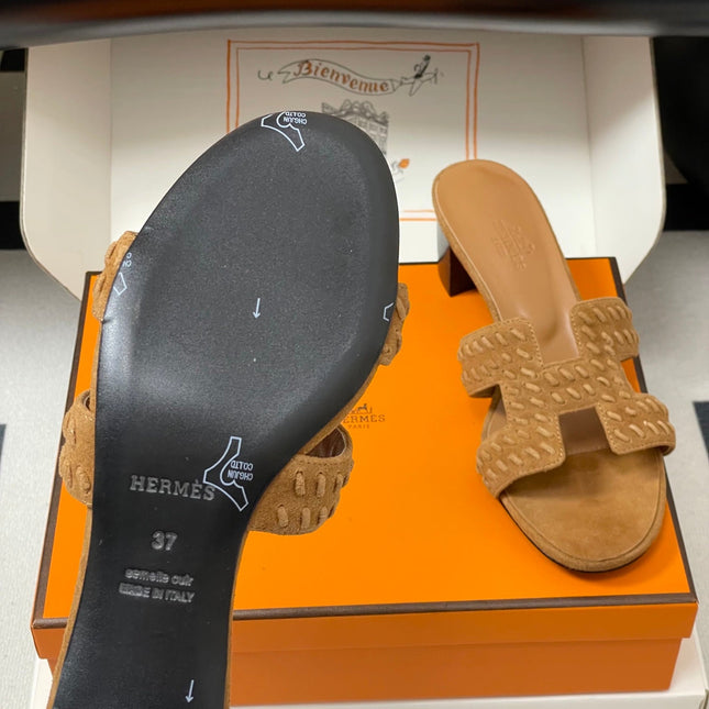 HM 25S ORAN HIGH‑HEEL SANDAL IN LIGHT BROWN SUEDE AND LAMBSKIN