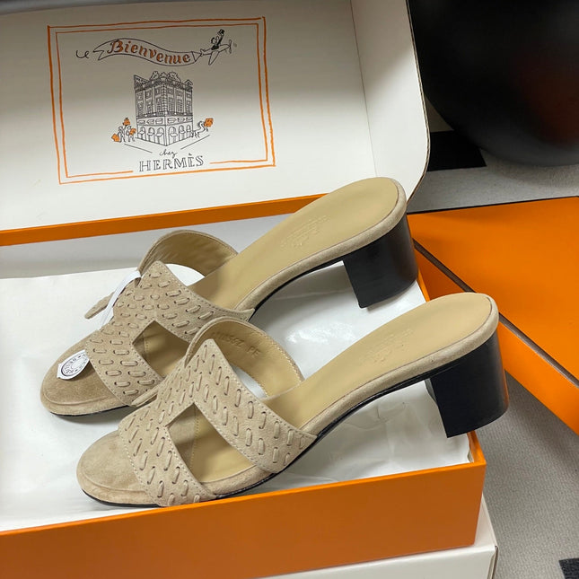 HM 25S ORAN HIGH‑HEEL SANDAL IN BEIGE SUEDE AND LAMBSKIN