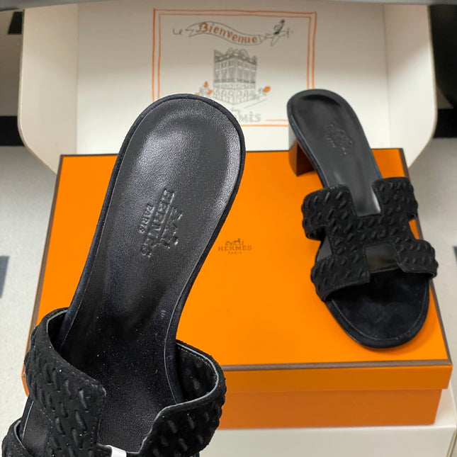 HM 25S ORAN HIGH‑HEEL SANDAL IN BLACK SUEDE AND LAMBSKIN