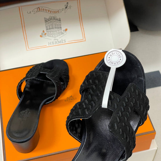 HM 25S ORAN HIGH‑HEEL SANDAL IN BLACK SUEDE AND LAMBSKIN