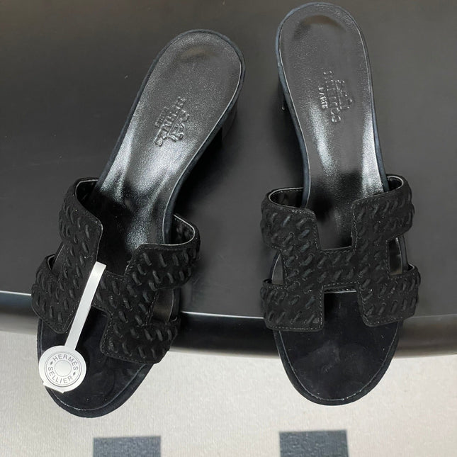 HM 25S ORAN HIGH‑HEEL SANDAL IN BLACK SUEDE AND LAMBSKIN