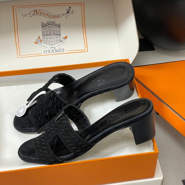 HM 25S ORAN HIGH‑HEEL SANDAL IN BLACK SUEDE AND LAMBSKIN
