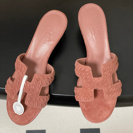 HM 25S ORAN HIGH‑HEEL SANDAL IN PEACHY PINK SUEDE AND LAMBSKIN
