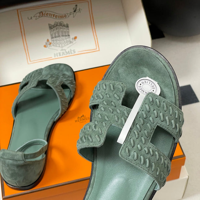 HM 25S SANTORINI SANDAL IN MUTED MINT GREEN SUEDE AND LAMBSKIN