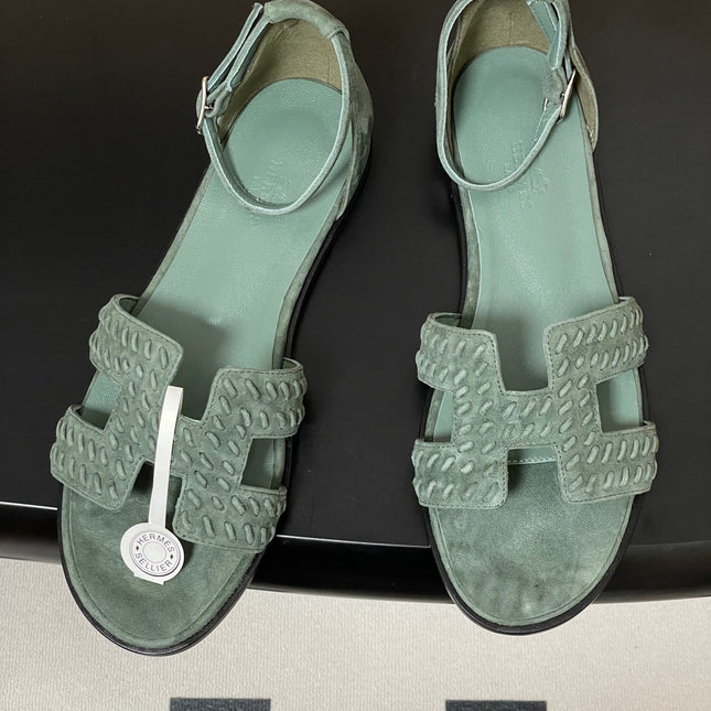 HM 25S SANTORINI SANDAL IN MUTED MINT GREEN SUEDE AND LAMBSKIN