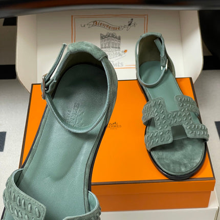 HM 25S SANTORINI SANDAL IN MUTED MINT GREEN SUEDE AND LAMBSKIN