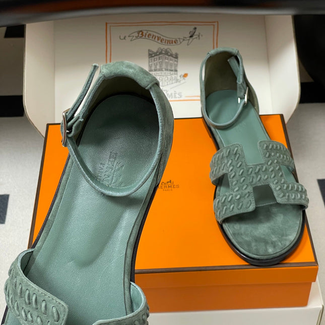 HM 25S SANTORINI SANDAL IN MUTED MINT GREEN SUEDE AND LAMBSKIN