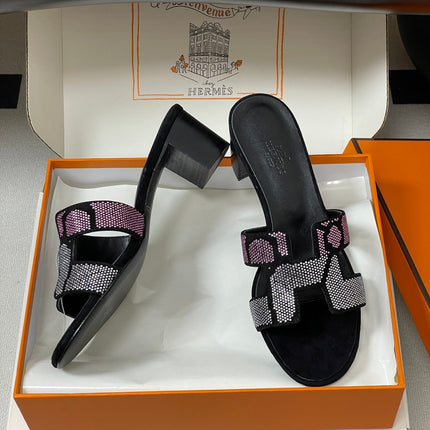 HM 25S ORAN HIGH‑HEEL SANDAL 50 MM IN BLACK LAMBSKIN WITH WHITE MIX PINK STONE DETAILS