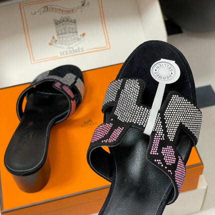 HM 25S ORAN HIGH‑HEEL SANDAL 50 MM IN BLACK LAMBSKIN WITH WHITE MIX PINK STONE DETAILS
